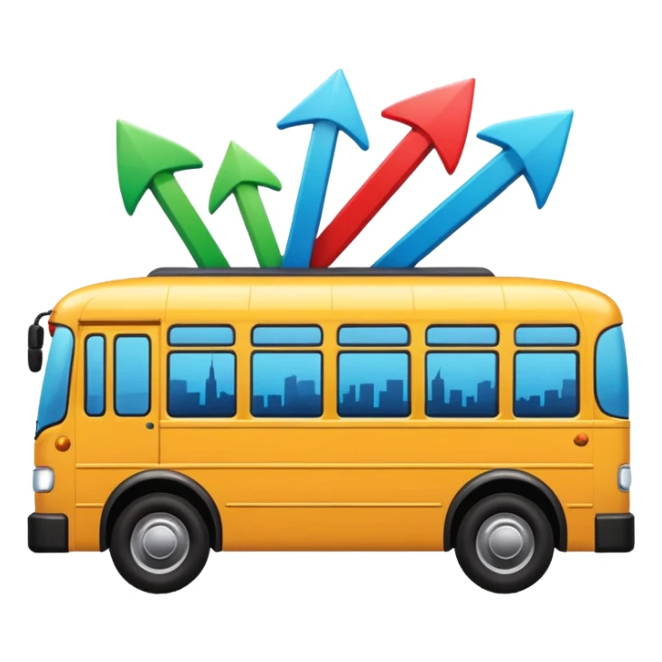 a bus from an angle with three colorful directional arrows pointing to city icons, Apple emoji style, vibrant colors sticker