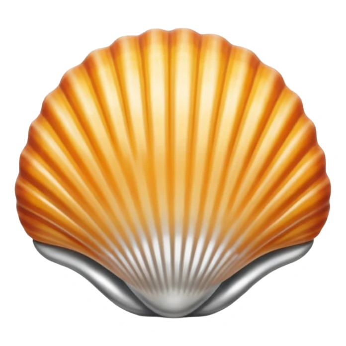 A seashell emoji made of polished silver chrome, smooth curved surface, reflective metallic highlights, elegant minimal design, iOS emoji style, centered, clean white background, soft lighting sticker