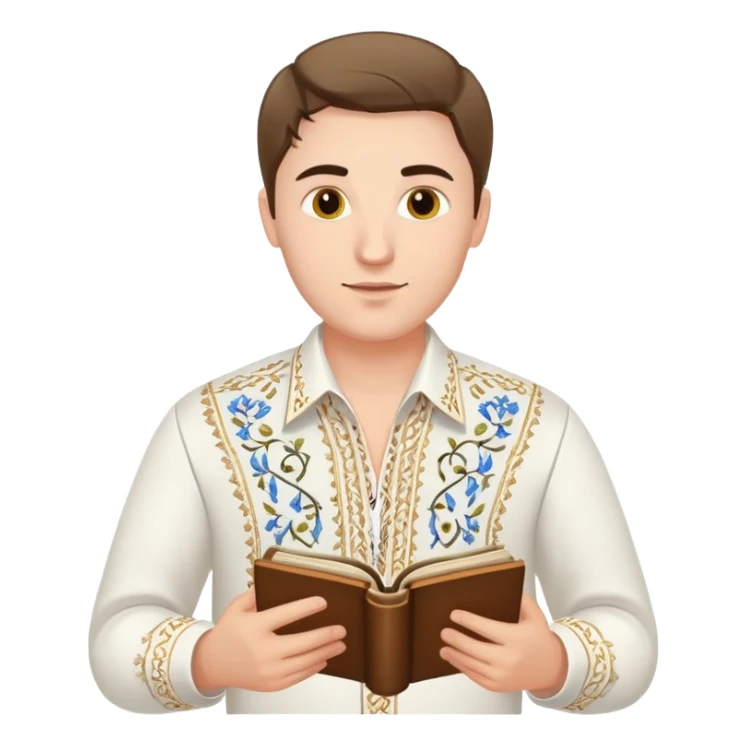 A guy in a white Ukrainian embroidered shirt holds musical notes in his hand sticker