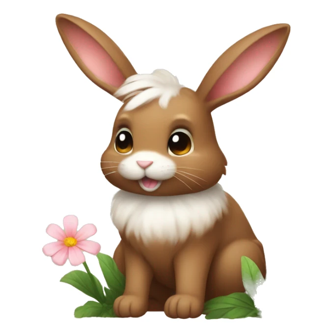 cute super fluffy brown bunny with a flower sticker