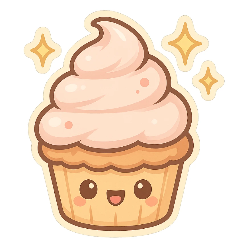 chibi sticker-style cupcake with sparkles, cute and exaggerated sticker
