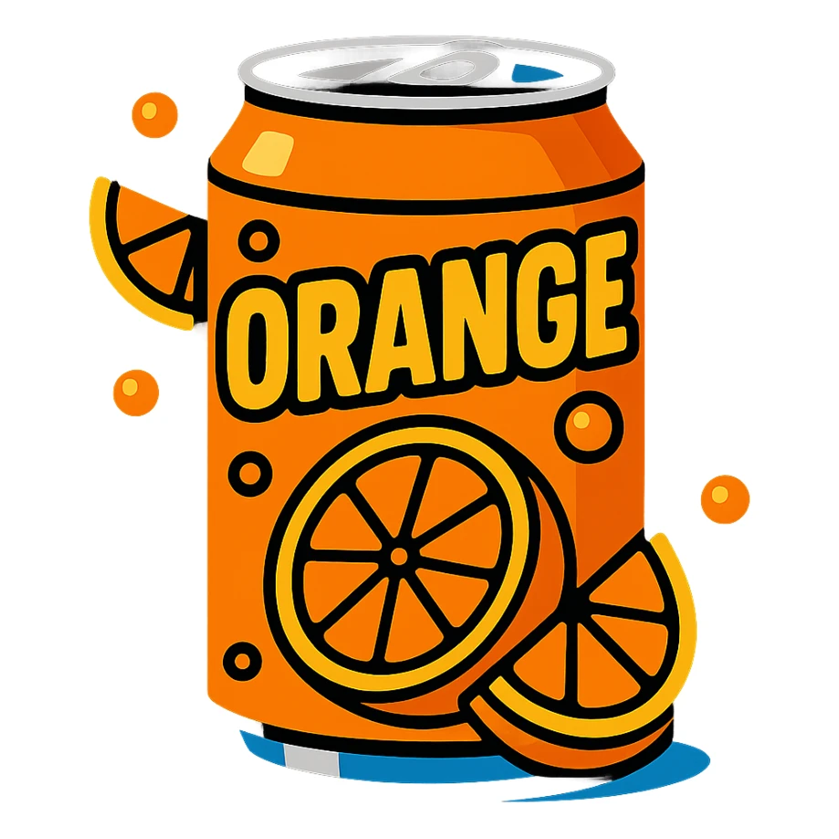 Place the can of orange soda with orange slices on a solid black background, keep the TikTok-inspired vibrant cartoon style. sticker