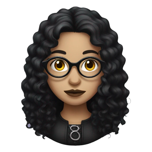 a gothic girl with long black curly hair and circular glasses sticker