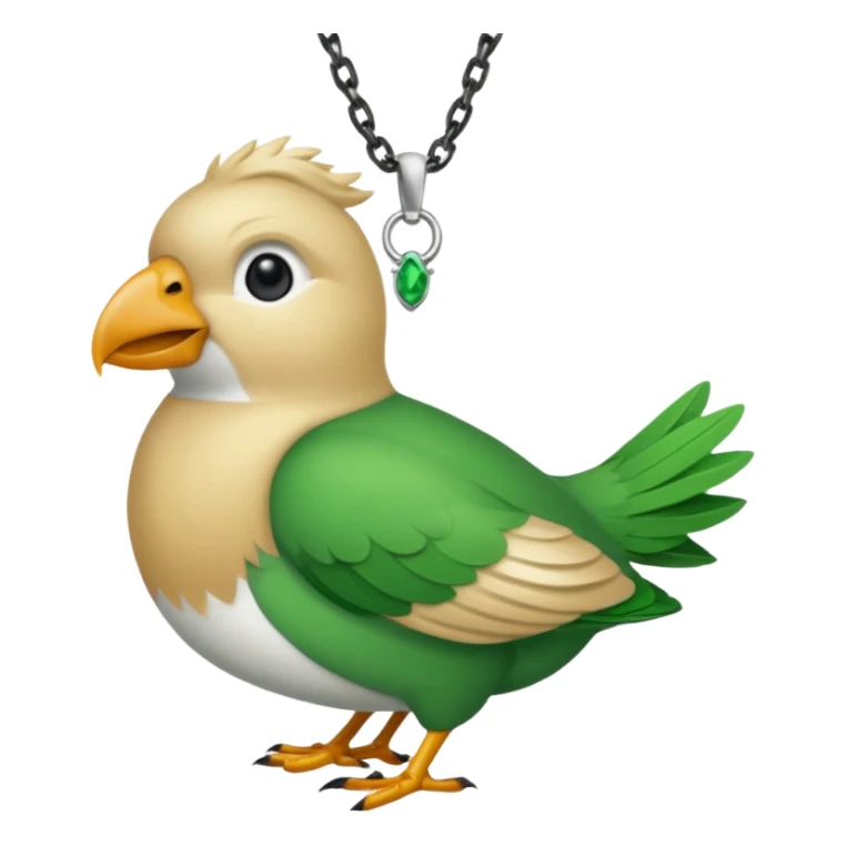 un oiseau classique tout vert avec un collier autour de son cou avec des breloque argentées et un seul poil blond qui fait une petite bouclette sur le front le collier est autour de son cou sticker