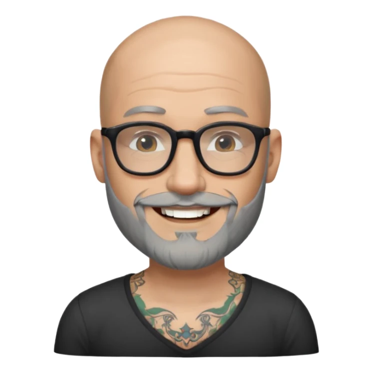 Bald man with salt and pepper beard and glasses and tattoos sticker