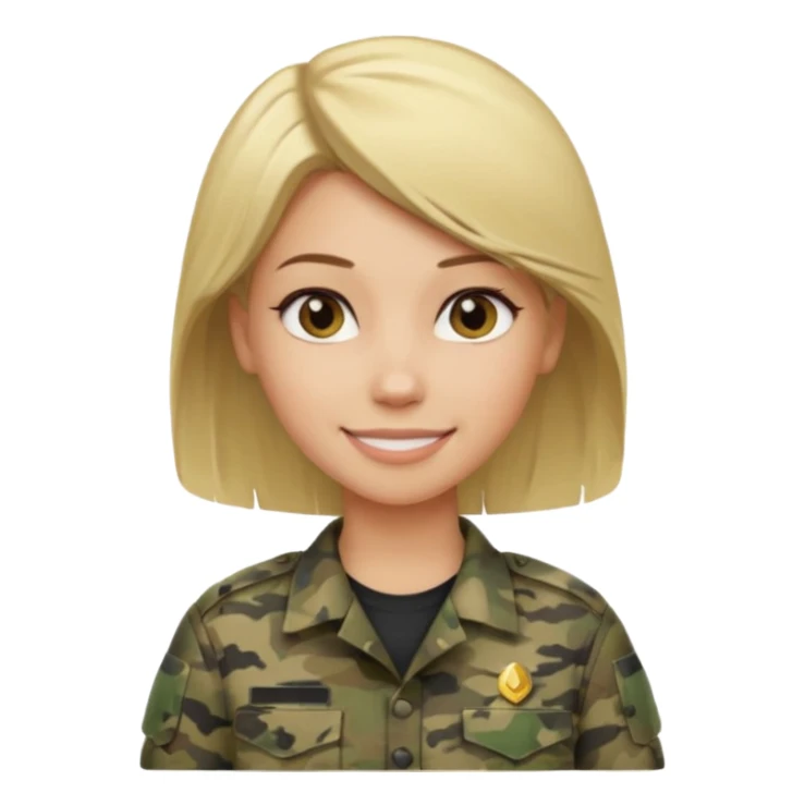 Apple-style emoji: female soldier, bust, no cap/helmet, friendly smile, generic camo top, blonde hair black color sticker