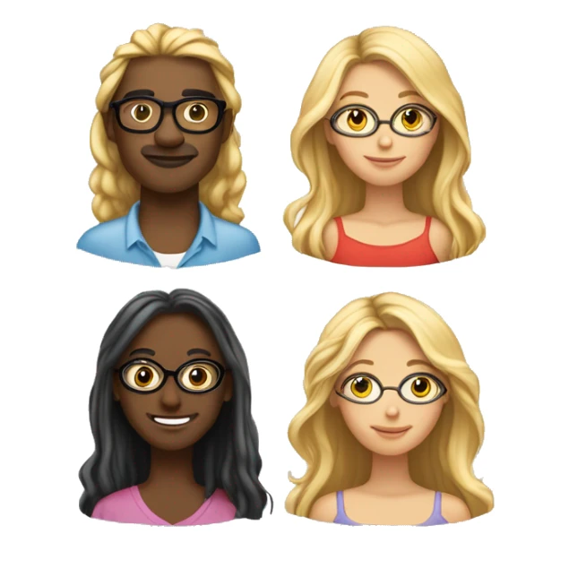 Let's have 3 people side by side. Let's have a man in the middle and he should have glasses. Let's have a woman with blonde hair and dark skin on the left. Let's have a beautiful woman with long hair on the right. sticker