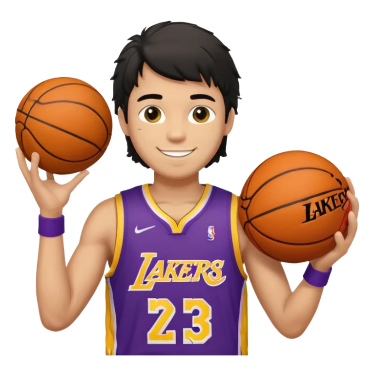 a light tan boy with messy a black mullet. wearing a lakers jersey and carrying a basketball sticker