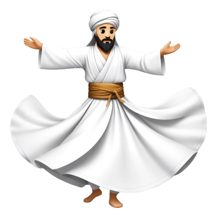 Cinematic Realistic Whirling Dervish Dance Emoji, depicted as a mesmerizing traditional Sufi dance scene with flowing robes and dynamic movement, rendered with vibrant textures and swirling mystical lighting that captures its spiritual energy. sticker