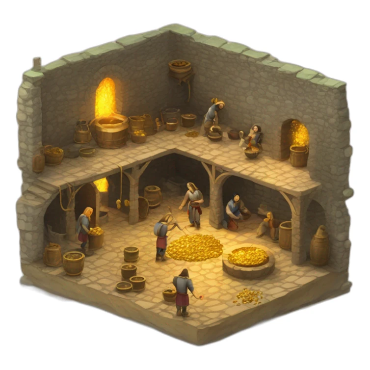open floor plan of a medieval mint showing different people working, one person on the furnace, some people molding liquid gold into coins sticker