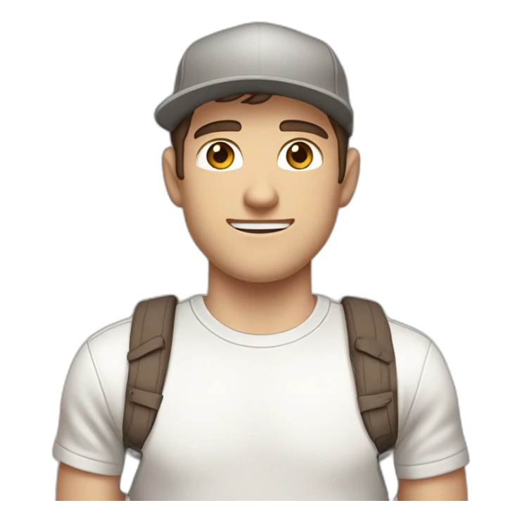 Pale skinned fit Man with dark brown hair in a light gray cap, dark brown jeans, brown polo and white T-shirt keeping a pasted with tape white box into his hands sticker