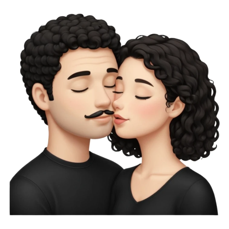 A brunette white girl kissing a medium white guy on the cheeks and he has black curly short hair and dimples and a little mustache and they wear black clothes and make him blush and close his eyes sticker