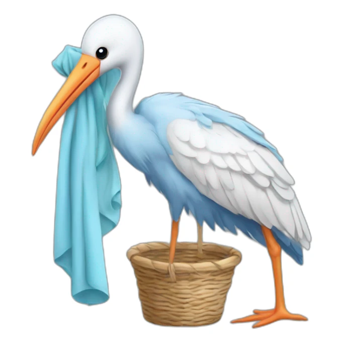 stork carrying a light blue bundle of cloth in its beak that has a human baby with dark hair and the baby face and head is peeking from the cloths bundle the strok is carrying with its beak sticker