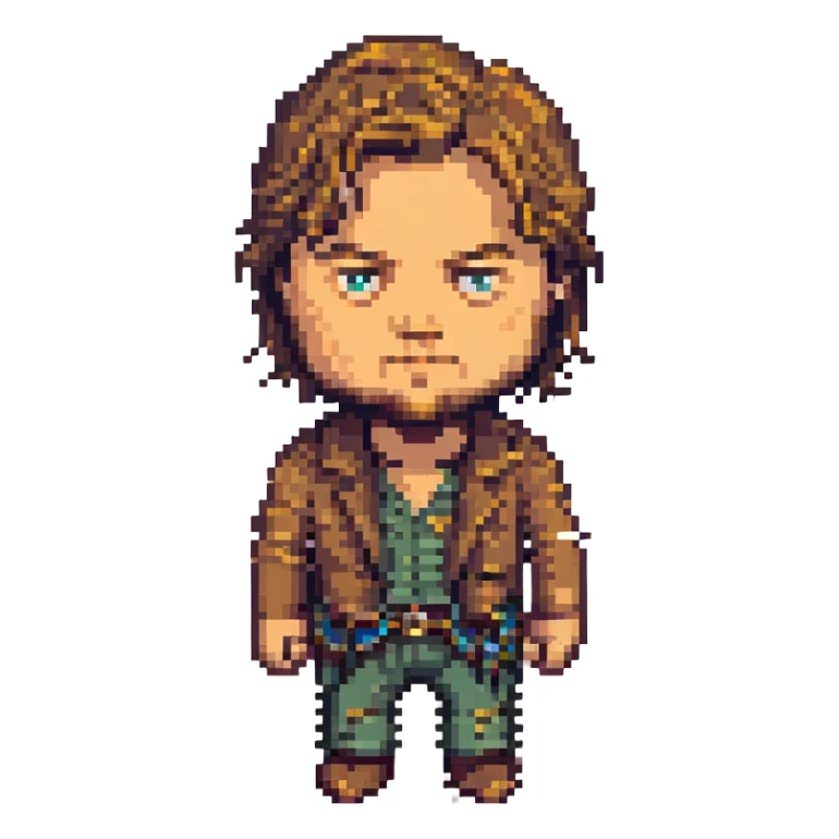 Leonardo DiCaprio as pixel art character, recognizable features, retro game style sticker