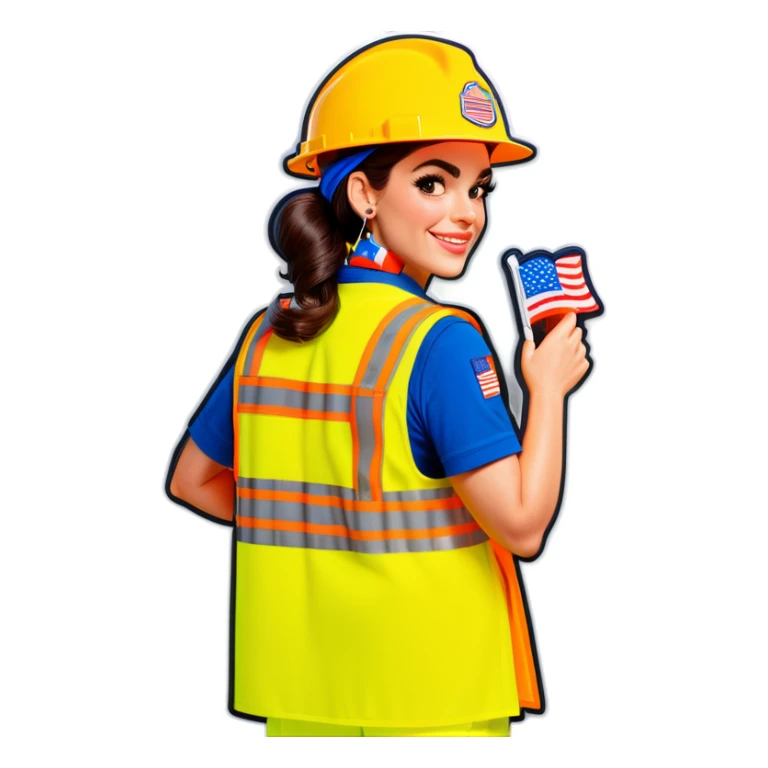  Charli D'Amelio is a construction worker wearing a patriotic dress with a neon yellow safety vest over the dress. she also has a hard hat and a patriotic patch on the vest sticker