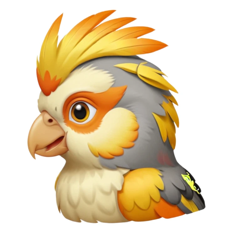cockatiel in iOS emoji style, head tilted playfully, with a bright yellow crest and orange cheeks sticker