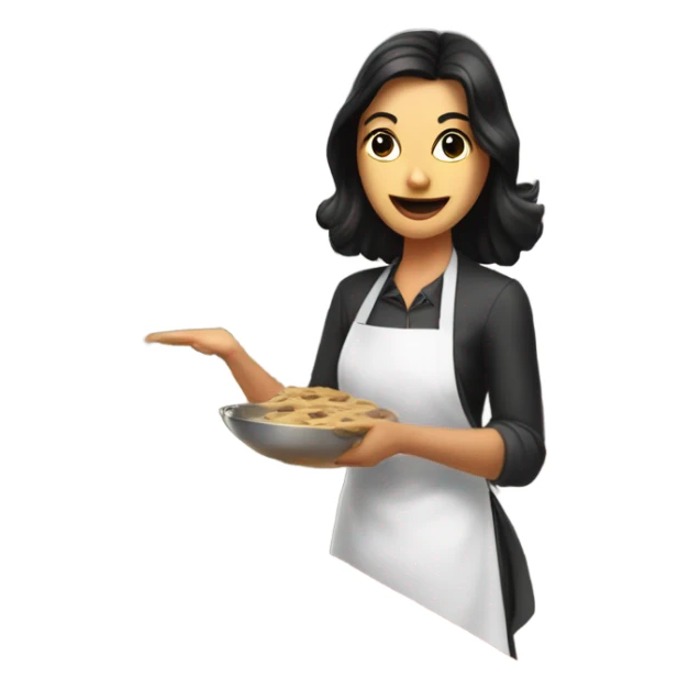 White woman with straight black hair cooking while teaching a graduate class on her birthday sticker