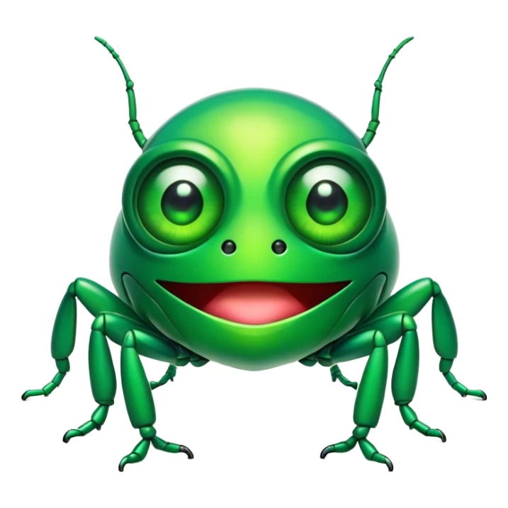 Cinematic Comical Green Bugdie Portrait Emoji, Head tilted dramatically with an exaggeratedly amused expression, featuring a striking, glossy emerald exoskeleton with bold patterns, wide, expressive multifaceted eyes filled with playful disbelief, Simplified yet hilariously expressive features, highly detailed, glowing with a slightly sassy glow, high shine, dramatic yet playful, stylized with an air of cheeky mischief, bright and endearing, soft glowing outline, capturing the essence of a spirited and over-the-top bug, so meme-worthy it feels like it could side-eye its way into internet fame instantly! sticker