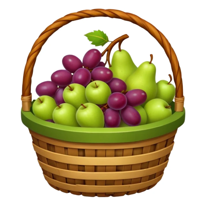 medieval fruit basket object icon, grapes apples pears, woven basket, rustic medieval vibe, 3D cartoon, mobile game icon style, clean background, no text, no watermark
 sticker