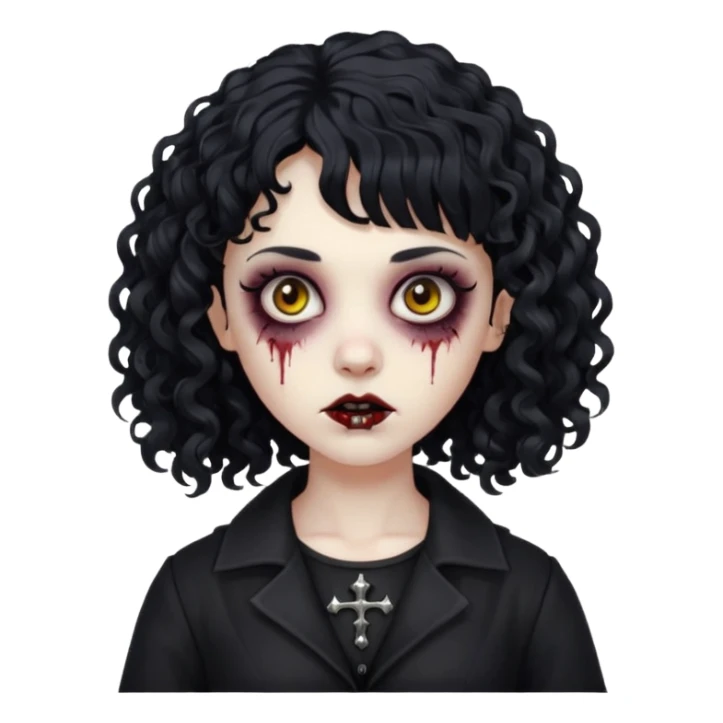 Faça uma mulher zumbi com o cabelo cacheado médio, e uma franja cacheada, cabelo preto e deixe ela meio gótica. sticker