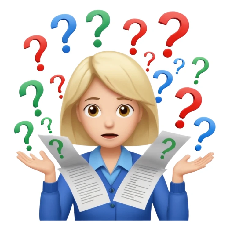 A kindergardenteacher with an overwhelmed expression, surrounded by flying papers and three question marks. sticker