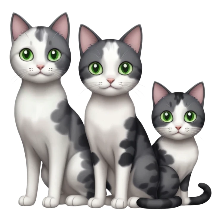 3 different coloured small cats including a dark grey and white, and a patchy calico and a completely solid dark grey with green eyes and only white paws sticker