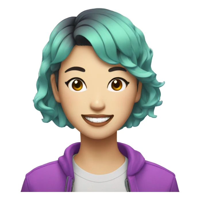 a short-haired Taiwanese lesbian with smile, with vapor wave style as a designer sticker