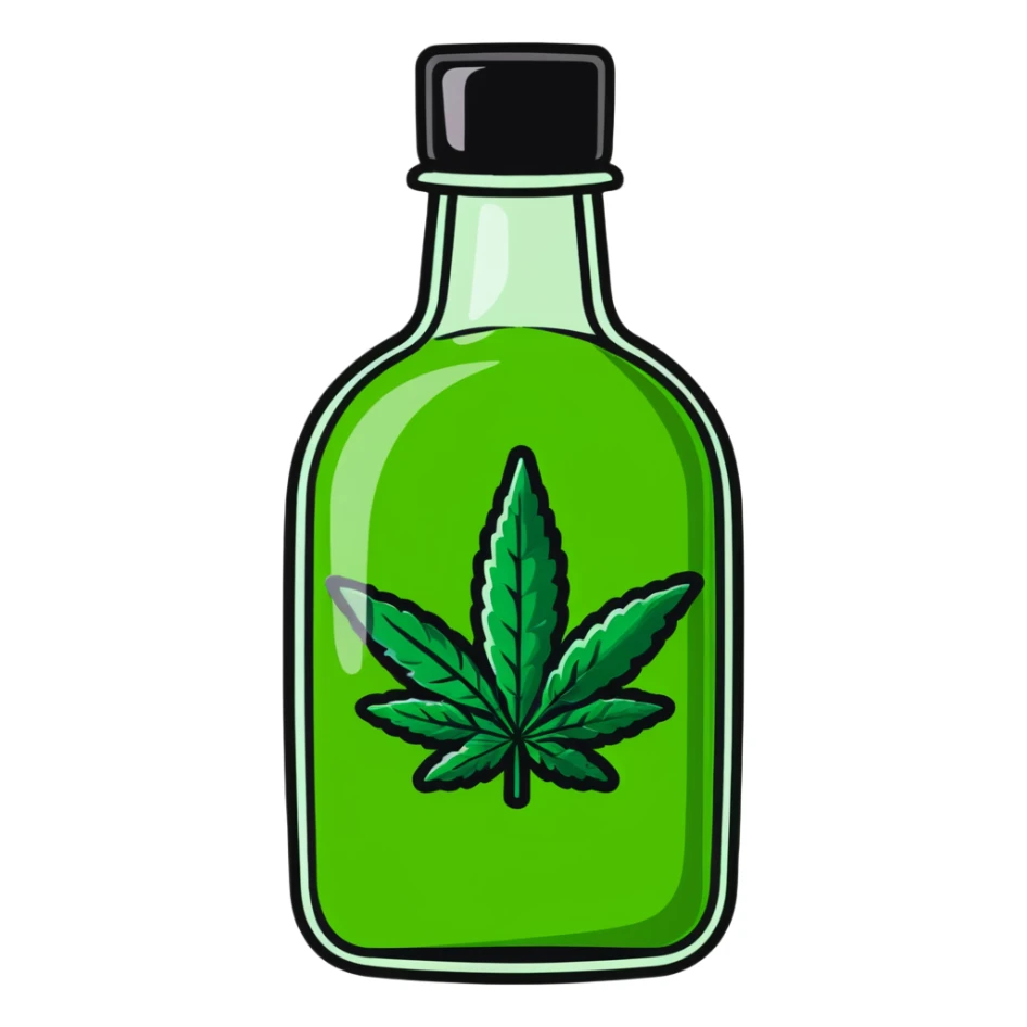 Curved red glass bottle like Coca-Cola with a green cannabis leaf printed on it and a label sticker