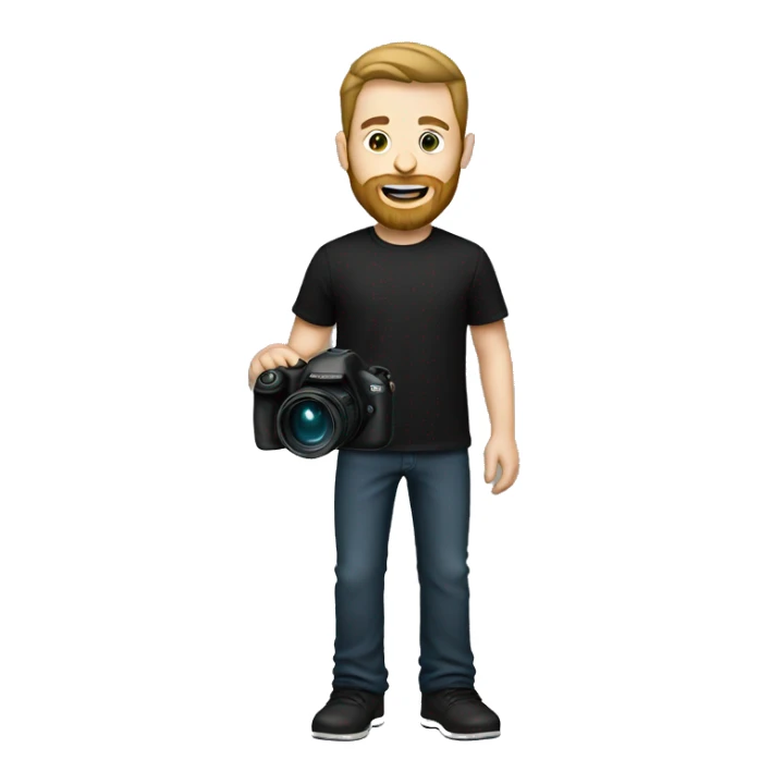 white man, beard, black t-shirt, black pants, holding camera sticker