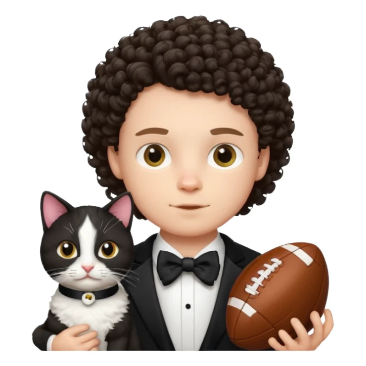 Curly headed white boy with tuxedo cat and football sticker