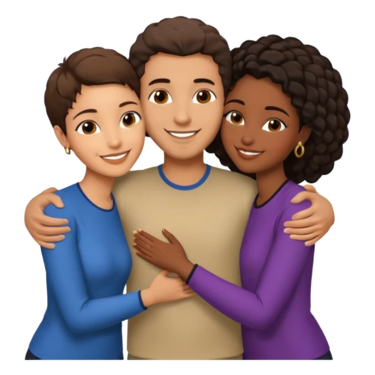  middle Eastern man with short brown hairwith two black african women both are African one is medium tone light tone skin black and one is medium tone black with african hair styles. and they are all smiling and putting their arms around each other and kiss, kissing and hugging. sticker