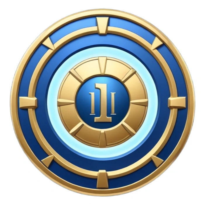 Futuristic achievement medal badge, circular shield emblem with engraved Roman numeral I and subtle “12M” detail, metallic gold and deep blue glow, sci-fi web3 game UI style, polished 3D game asset, soft energy aura, dark background, centered composition, high detail sticker