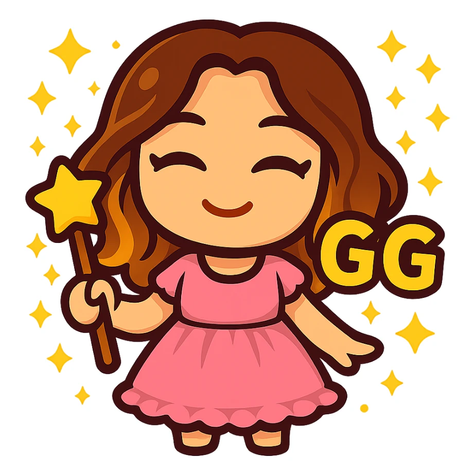 Update this chibi emote to remove the headband and change the outfit to a cute pink dress with frills, keep the 'GG' sign sticker