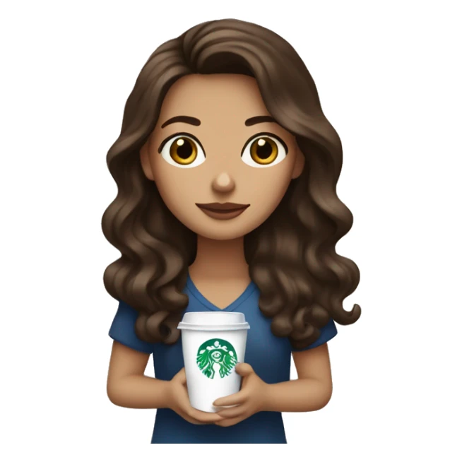 Brunette with long wavy hair and blue eyes and Starbucks coffee sticker