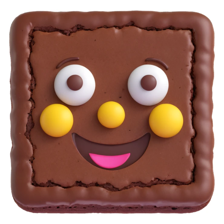 3D chocolate brownie with a smiley face, realistic depth, 3D emoji style sticker