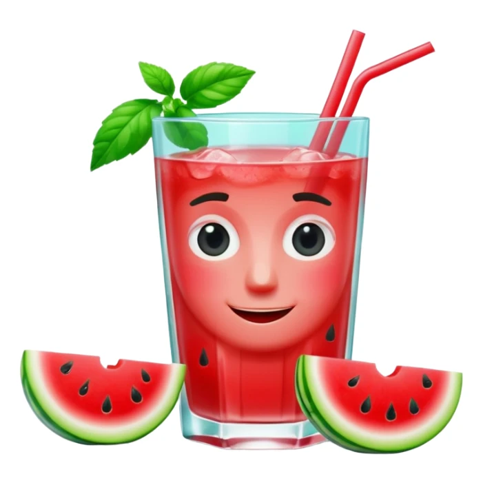 A 3D cartoon glass filled with watermelon juice, ice cubes, mint garnish, bright red color, smooth reflections, soft natural lighting, Memoji-style. sticker