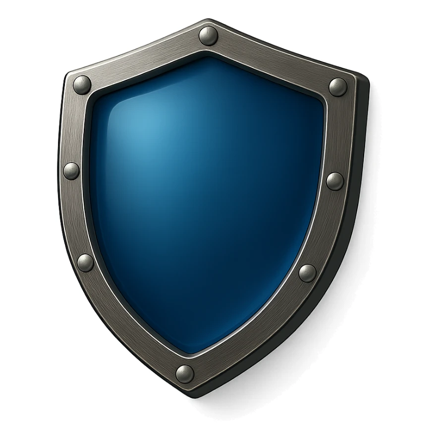 Make the blue center match the deep, rich blue from the attached reference image. Keep the shield facing directly forward, shiny glass-like center, metallic border, no point at the top, no symbols, no sword, transparent background, and all other details the same. sticker