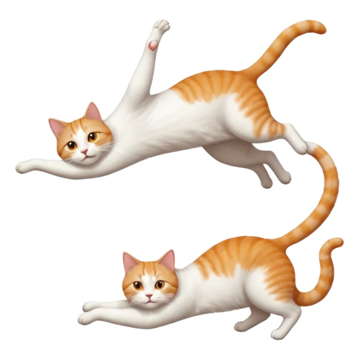 ginger and white cat with orange eyes doing a big extremely long stretch reaching up into the air with arms and legs side by side together straight and overextended whilst lying on its side sticker