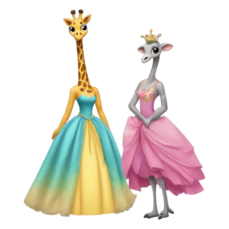 Ostrich and giraffe in Disney princess dresses sticker