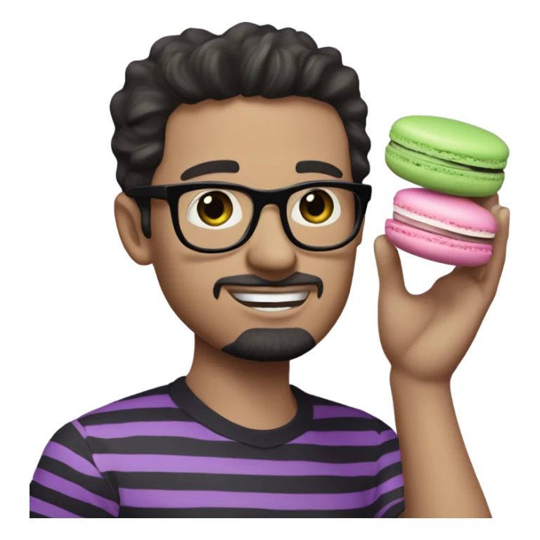 A white man with dark hair, black eyeglasses, and a thin, horizontal striped shirt in shades of purple, black, and light green holds a macaron in the palm of his hand. sticker