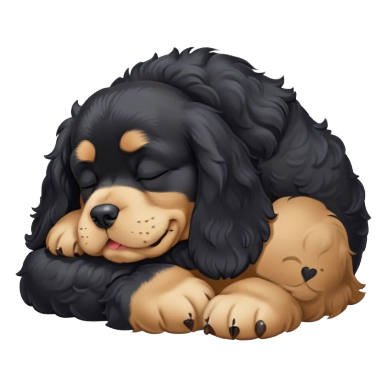 Cinematic Meme-Worthy Chubby Sleeping Black Cocker Spaniel Portrait Emoji, Head resting peacefully with a contented smile, showcasing a delightfully chubby build and a luxuriously soft black coat with gentle tan markings, eyes shut in a serene nap, Simplified yet hilariously adorable features, highly detailed, glowing with a soft, drowsy light, high shine, relaxed and utterly lovable, stylized with an air of playful laziness, bright and heartwarming, soft glowing outline, capturing the essence of a comically sleepy companion, so meme-worthy it feels like it could instantly become the next viral sensation of adorable slumber! sticker