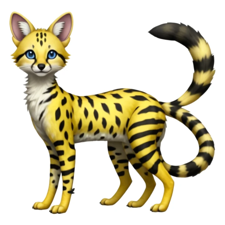 Lanky slender beautiful elegant spotted hype-realistic, black-maned, vibrant yellow Genet-Serval-Sergal-Margay-Fox-fusion-hybrid-furry-fursona, full body, with a long puffy fluffy black-and-white-striped tail, with natural blue eyes sticker