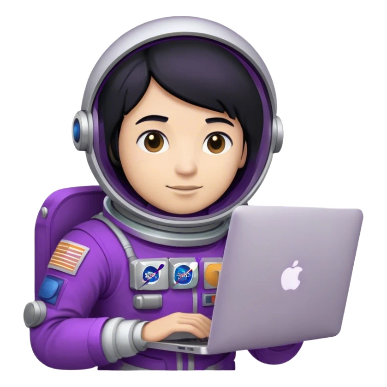 astronaut with purple suit, black hair and a macbook sticker