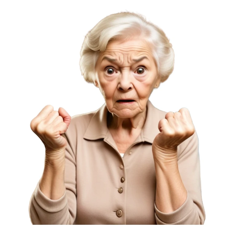 Cartoon style, a close-up shot focusing on the angry elderly neighbor, her face scrunched up in irritation, with one hand gesturing wildly and the other clenched in a fist, shaking it threateningly, her eyes narrowed and her expression exaggerated for comedic effect, the background slightly blurred but still showing hints of the chaotic scene from before, with a few items scattered on the ground, the overall tone is humorous and over-the-top, capturing the essence of a grumpy yet endearing character, DSLR, 50mm focal length, high saturation, animated film aesthetic, exaggerated and comical close-up, Pixar-inspired, animated film look. sticker