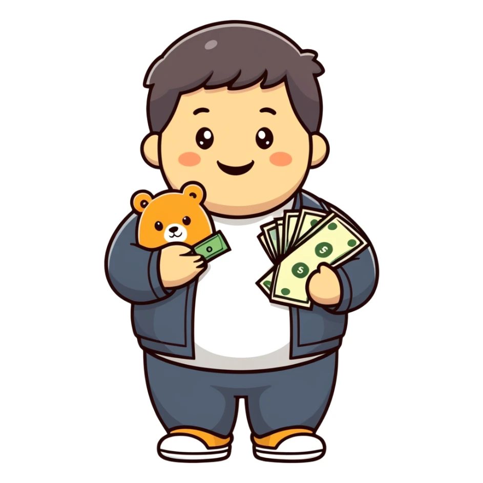 A chubby kid with black bear, holding money smiling and a mask on his chin  sticker