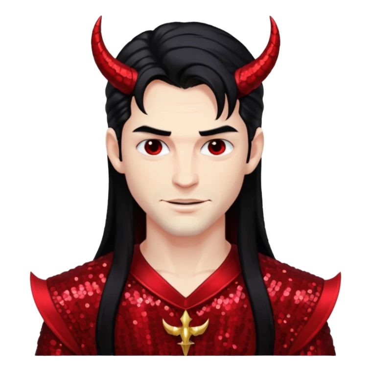 Lucifer from The Bible with long black hair, dark red sequin outfit sticker