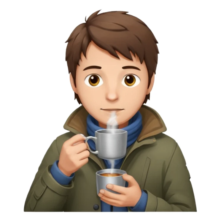 A gentle-looking man with messy hair and layered torn jackets, warming his hands over a small tin cup of hot drink.
 sticker
