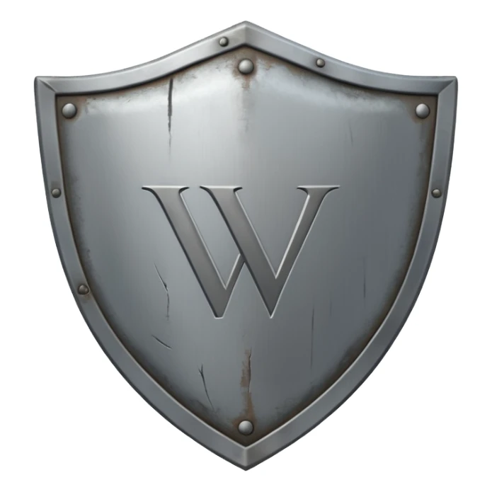 a steel shield with engraved roman letter NOVUS—looks battle worn sticker