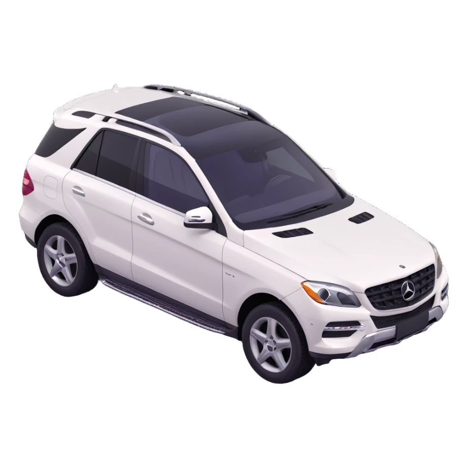 3D style image of a 2015 Mercedes Benz ML350 SUV, white exterior, black interior, side angle sticker