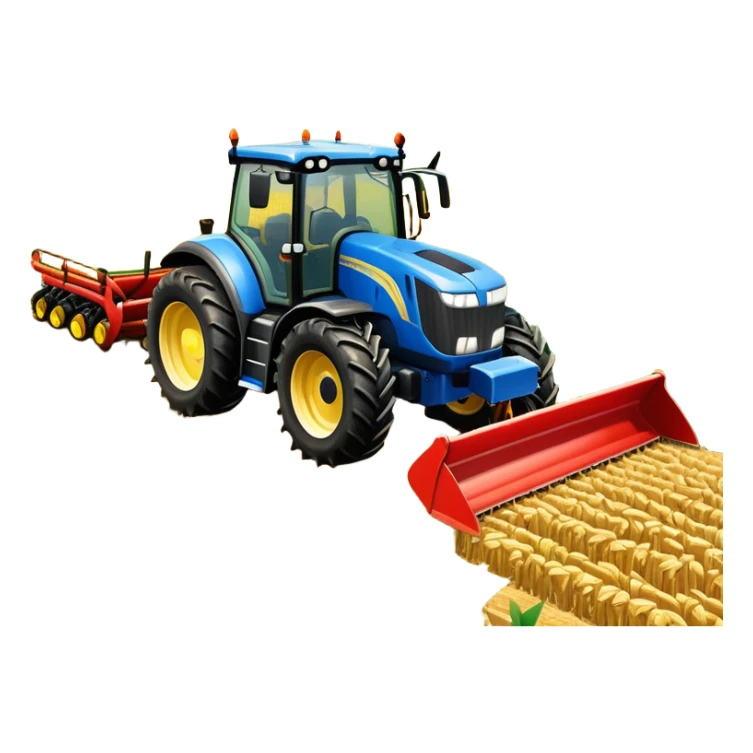 An icon representing a farming simulator, with a detailed tractor plowing fields under a bright sky with rural landscape. The design includes farming tools, crops and barns, symbolizing the immersive experience of managing a farm. Transparent background. sticker